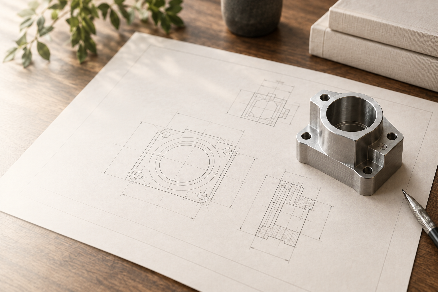 A precision-machined metal prototype resting on an engineering drawing